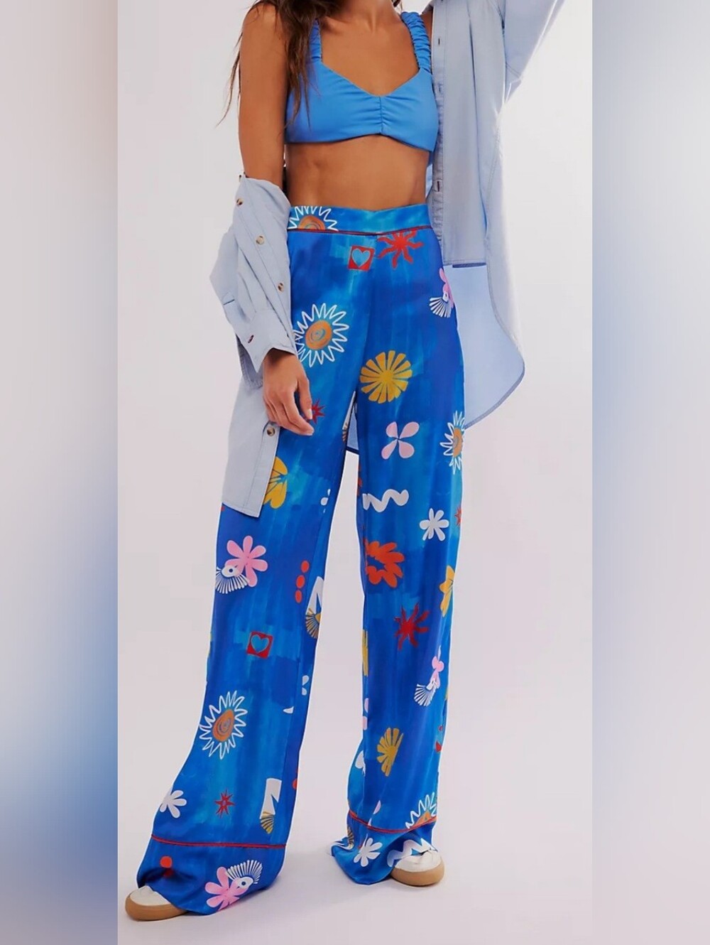 Bright Blue Floral Wide-Leg Pants